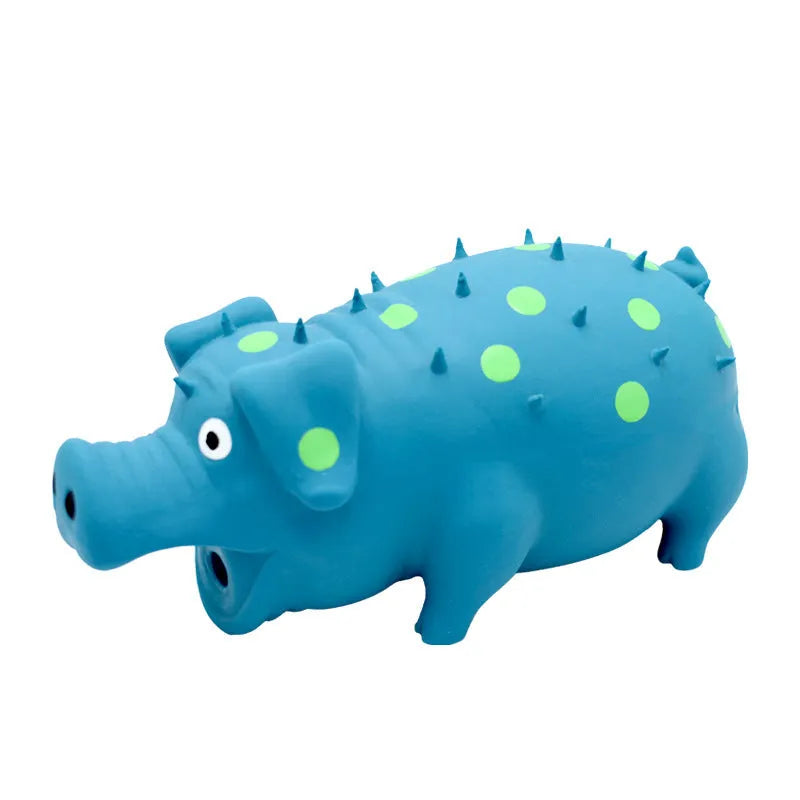 Pig-shaped latex dog chew toy with squeaker in various colours, 20cm long
