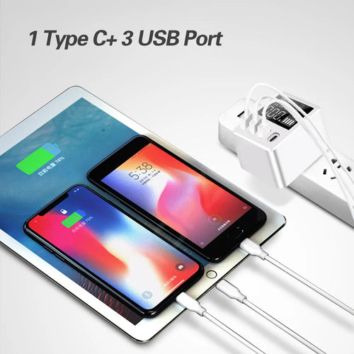White 4-port travel charger with LED display showing charging status