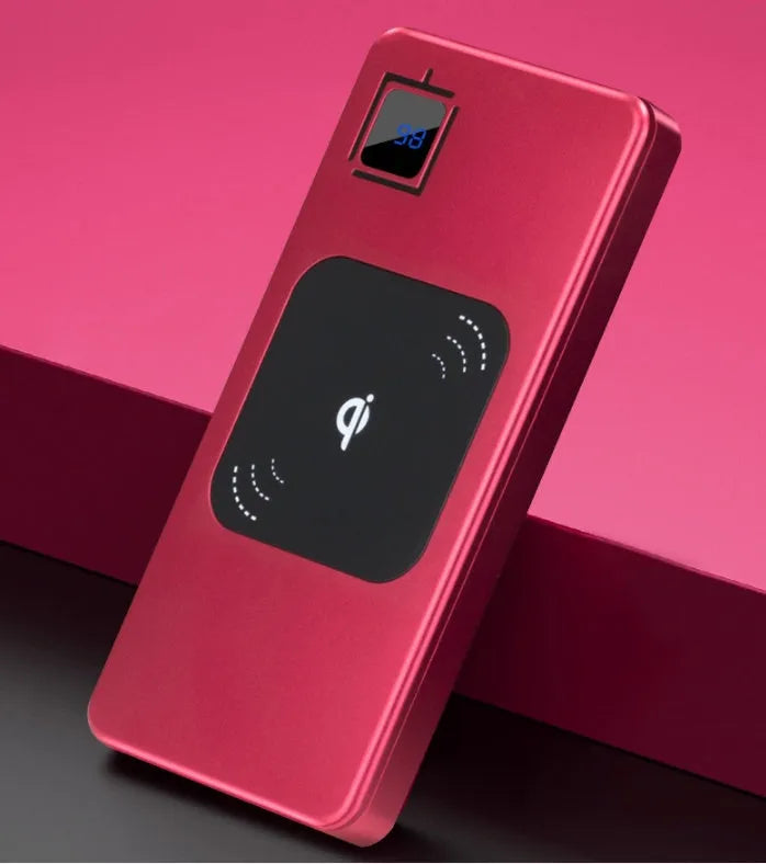 Silver alloy portable power bank with LCD display showing battery level, 10000mAh capacity.