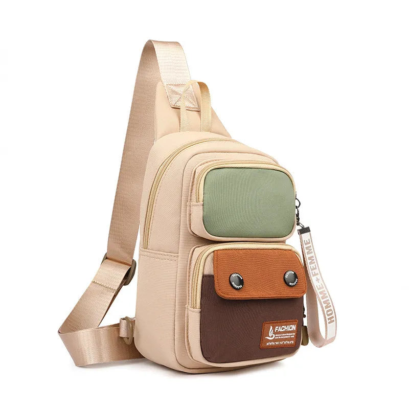 Nylon crossbody shoulder bag with letter pattern in beige contrast colour