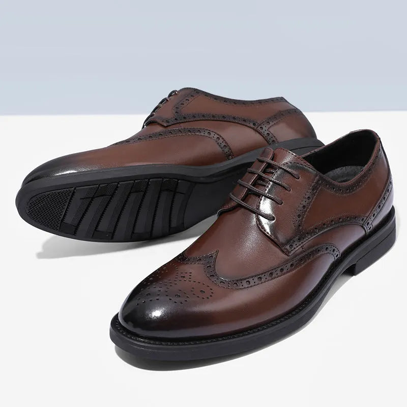 Men's black and brown brogue business shoes with classic perforated toe cap detailing