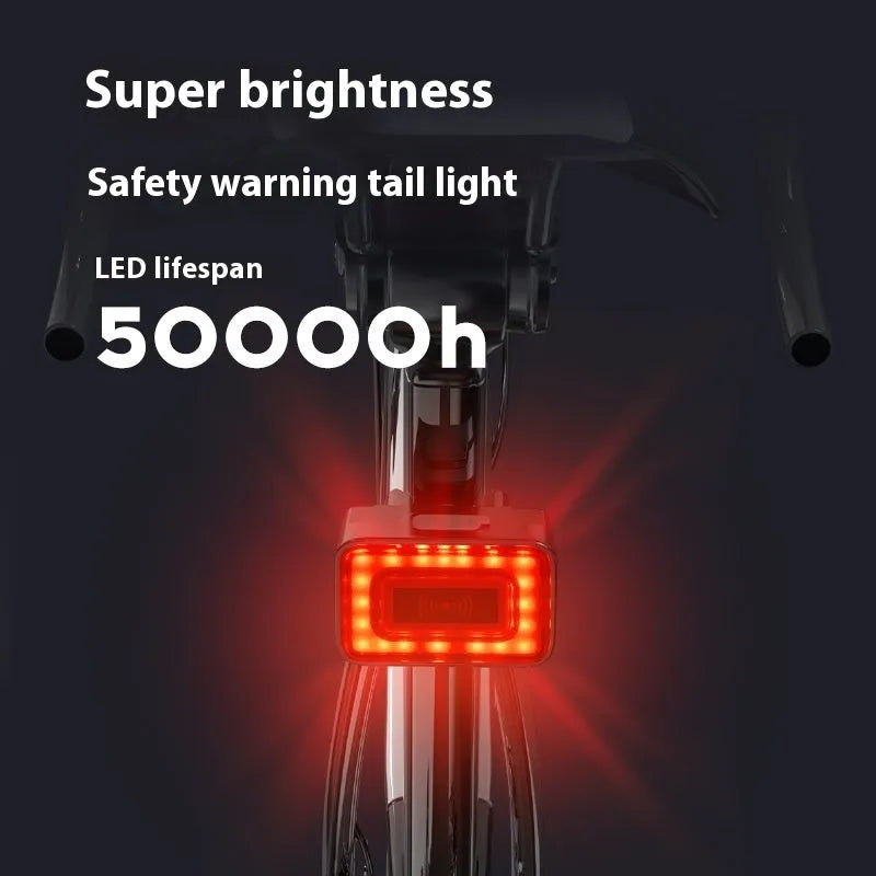 Smart millimetre wave bicycle radar taillight with double bracket mount showing dimensions and lighting modes