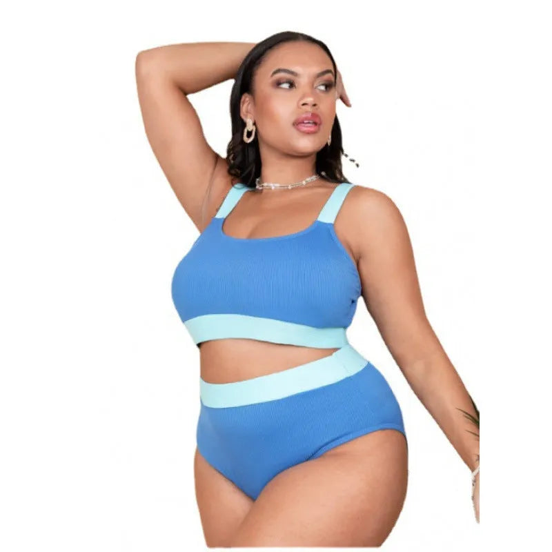 Women's solid-colour high-waist bikini set with brief bottom and visible stitching detail