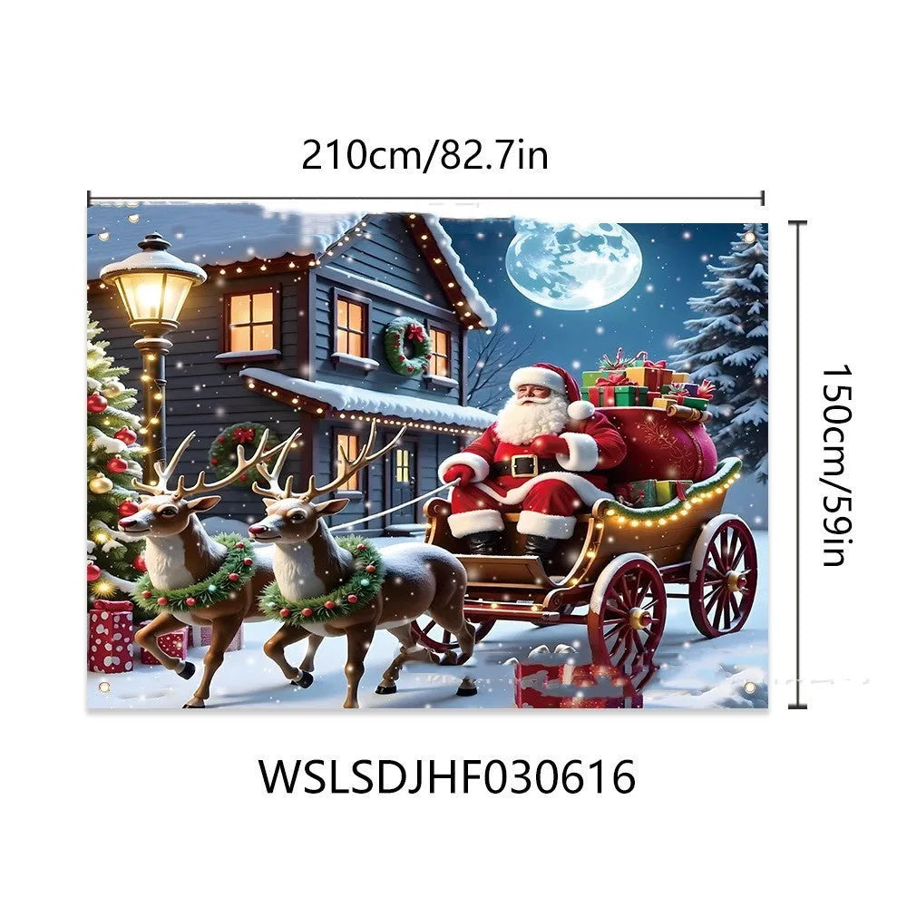 Large red Christmas banner with Santa Claus and gifts measuring 210x150 cm