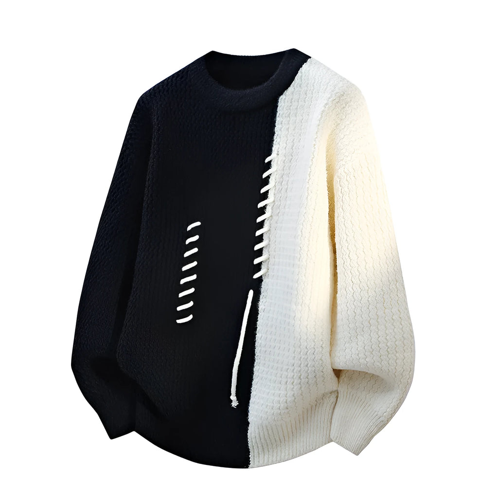 Men's loose fit round neck sweater pullover in black polyester fibre, front view