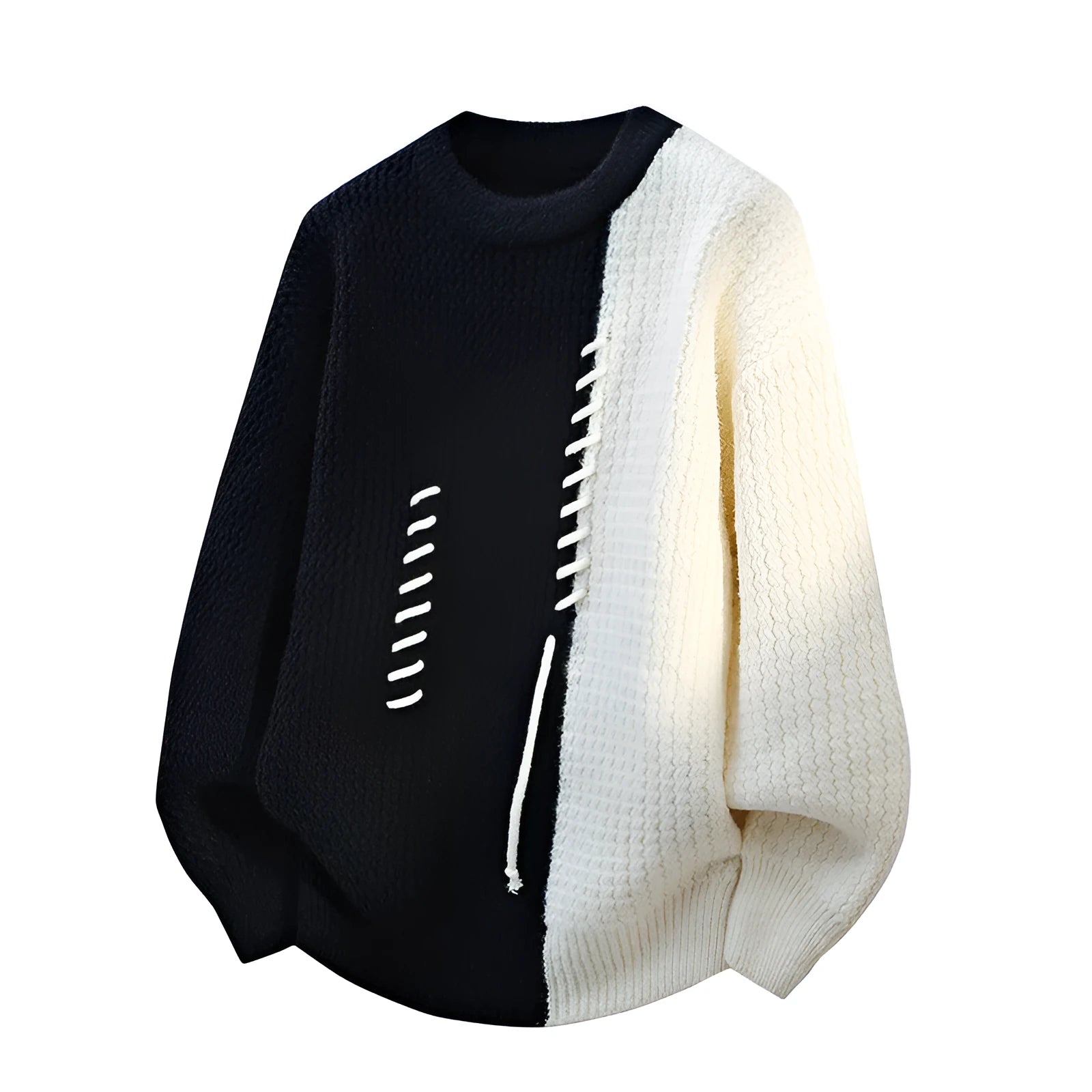 Men's loose fit round neck sweater pullover in black polyester fibre, front view