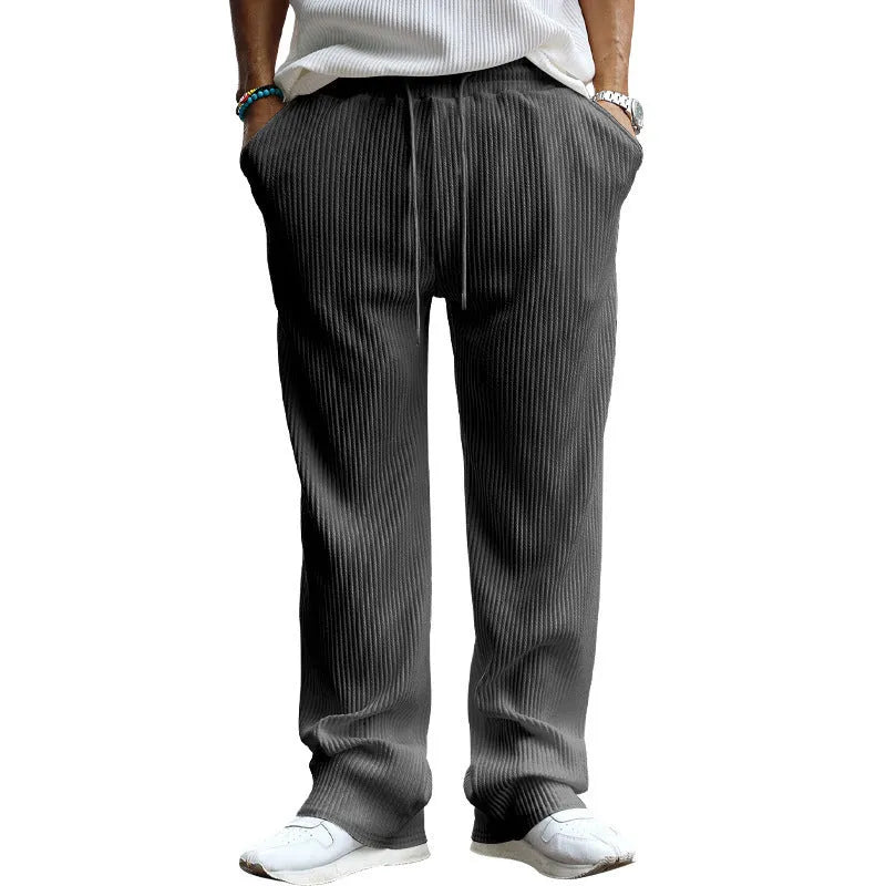 Men's casual loose straight trousers in army green with high waist and striped pattern