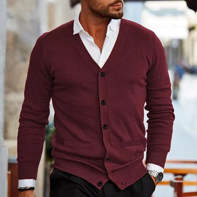 Men's slim fit acrylic cardigan sweater in a choice of seven colours including beige, black, grey, wine red, and green.