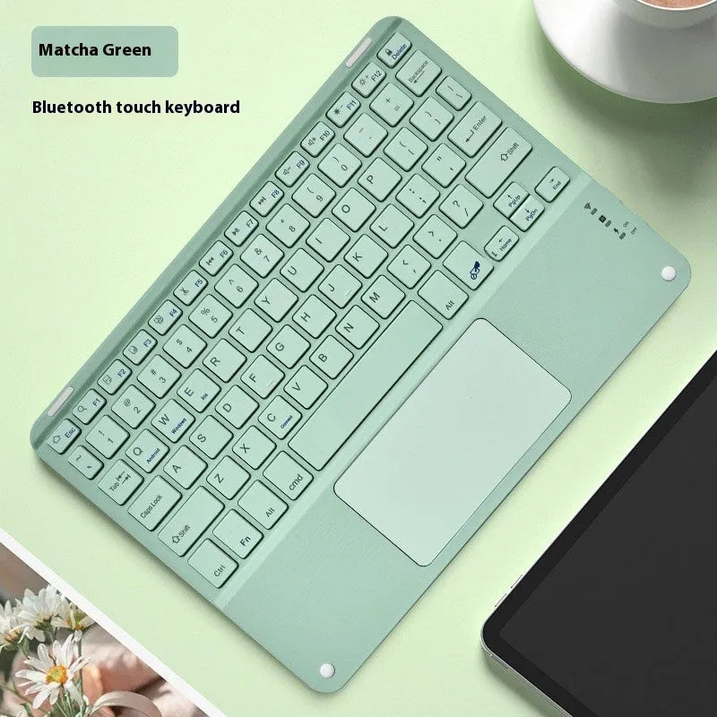 Square hat touch wireless Bluetooth keyboard in assorted colours on a desk.