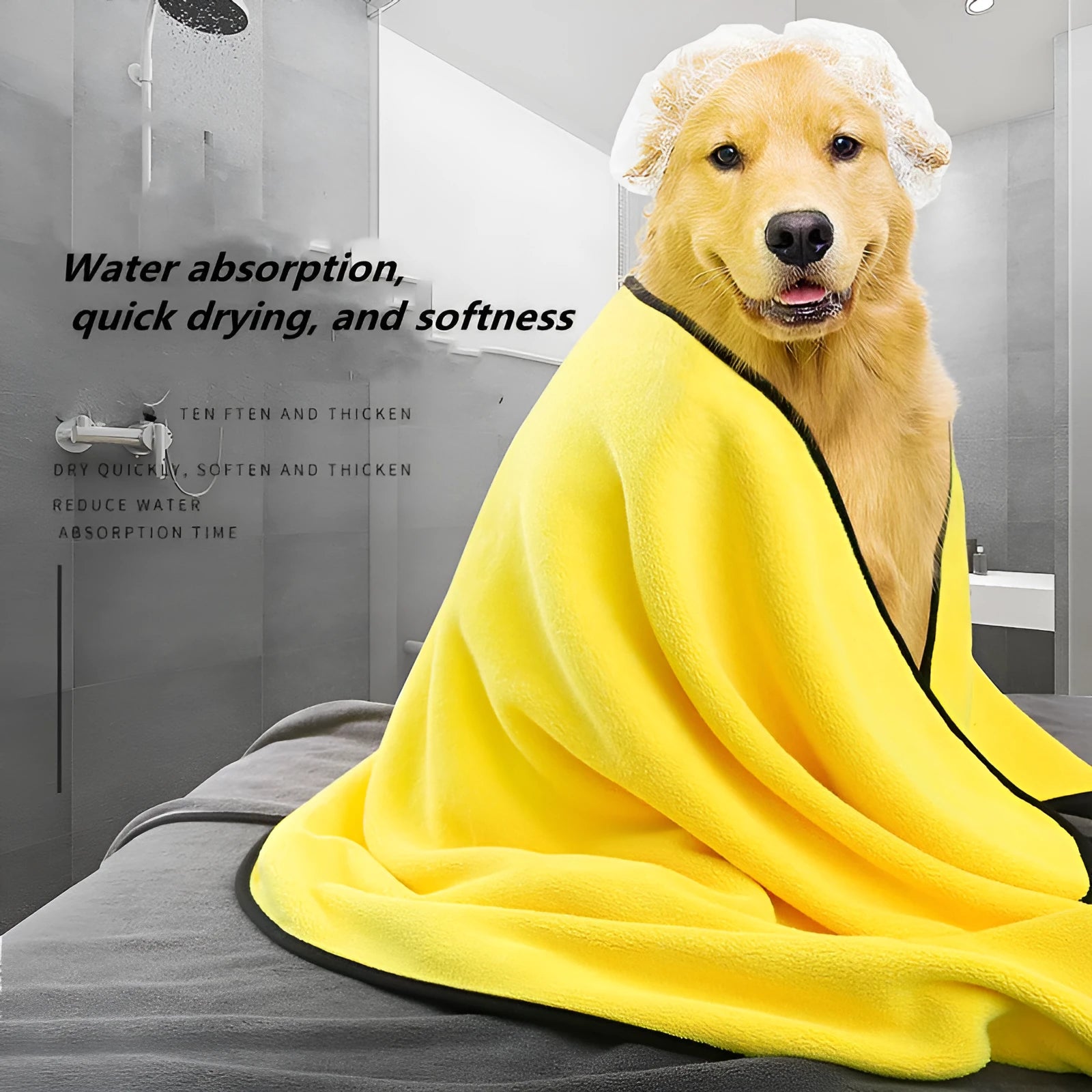 Yellow microfiber dog drying towel on hook, super absorbent for quick drying pets