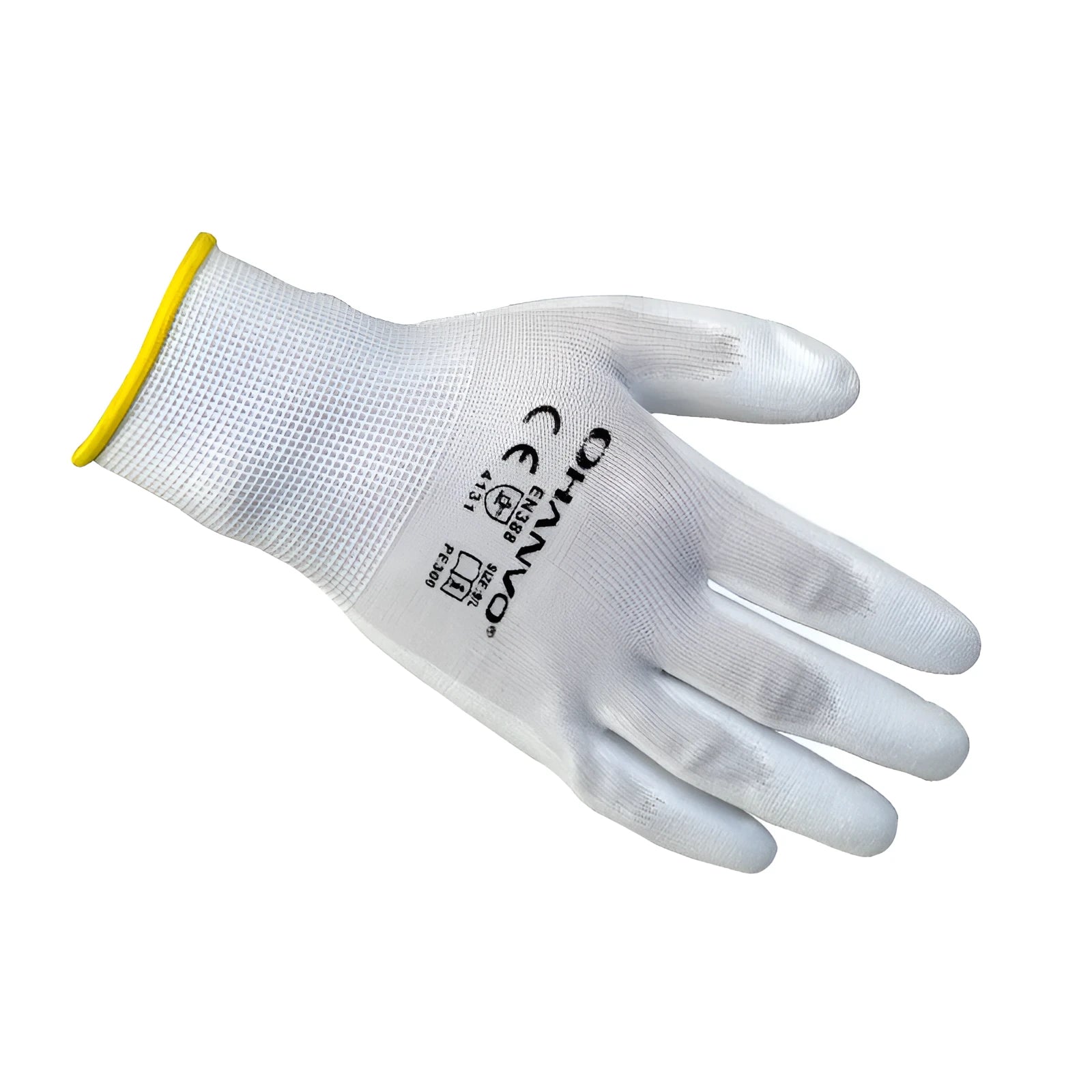 White PU coated work gloves showing 24 cm length with flexible construction