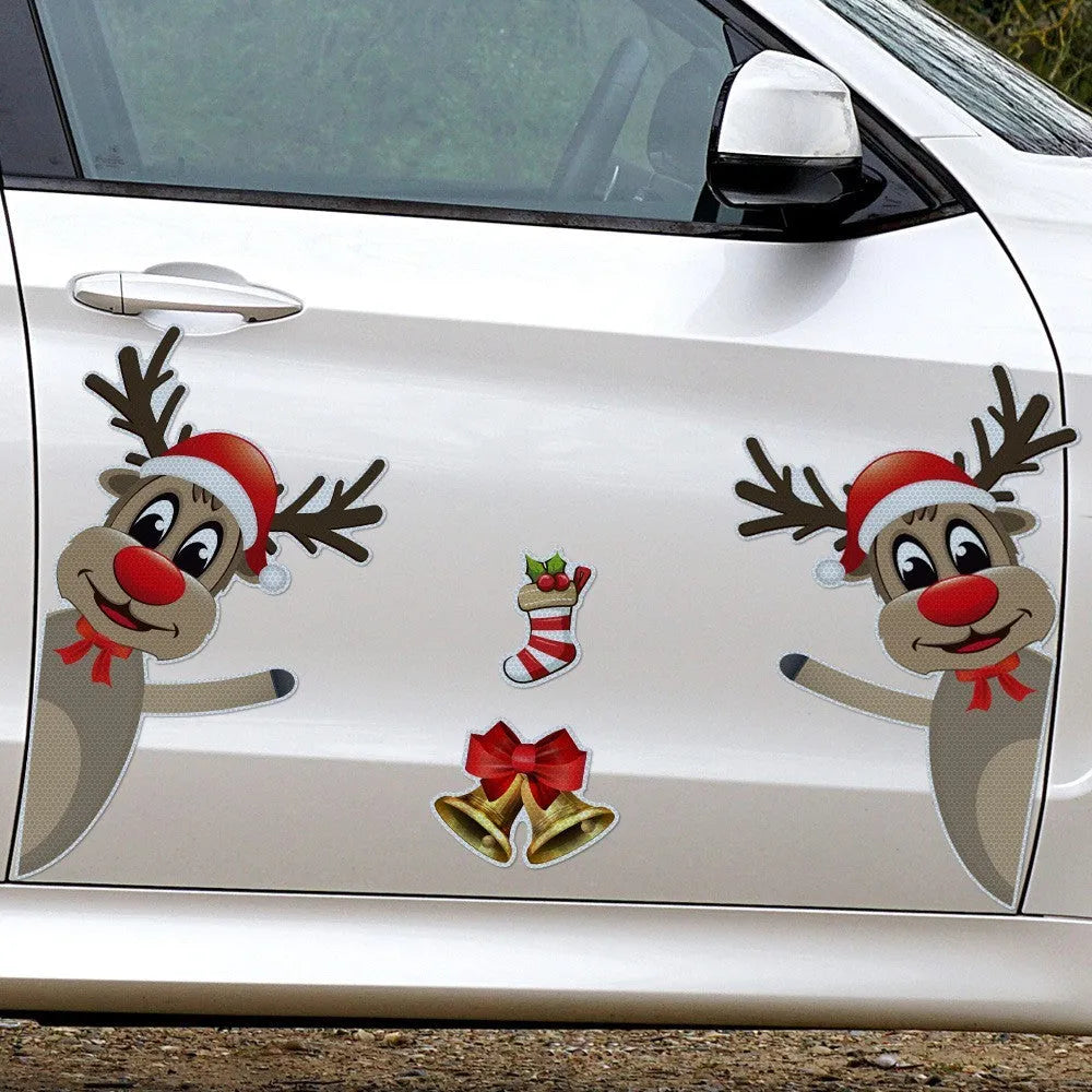 Cartoon Christmas elk and bell design magnetic bumper stickers with reflective and luminous properties.