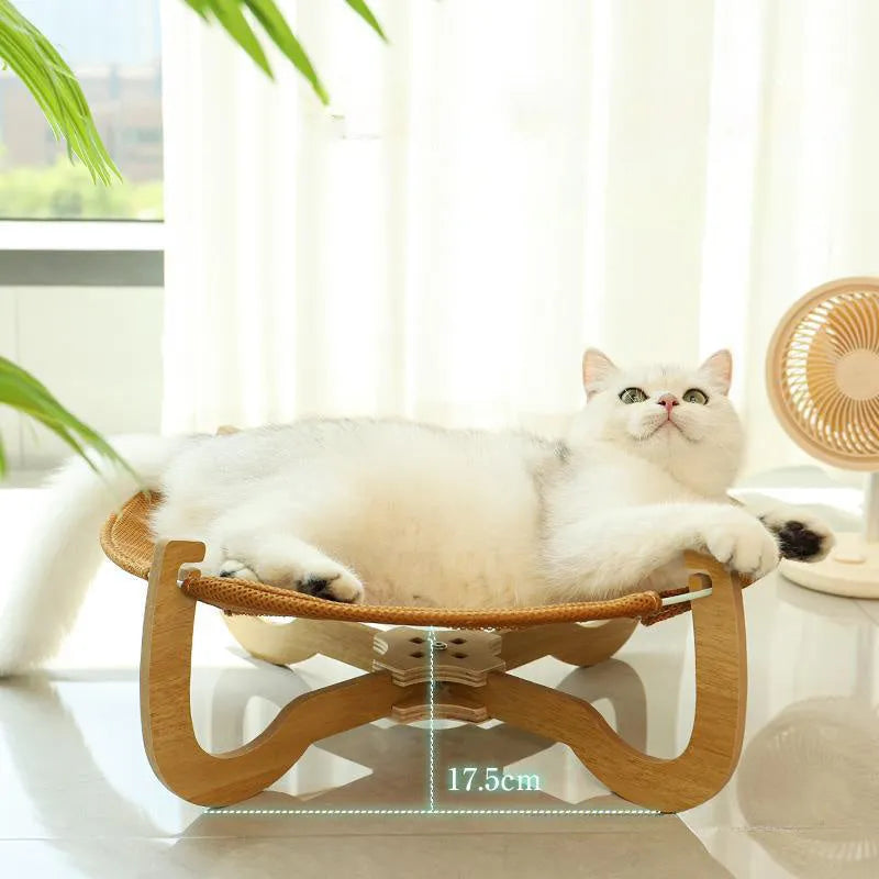 Brown woven rattan pet bed hammock for cats and small dogs, off-ground design