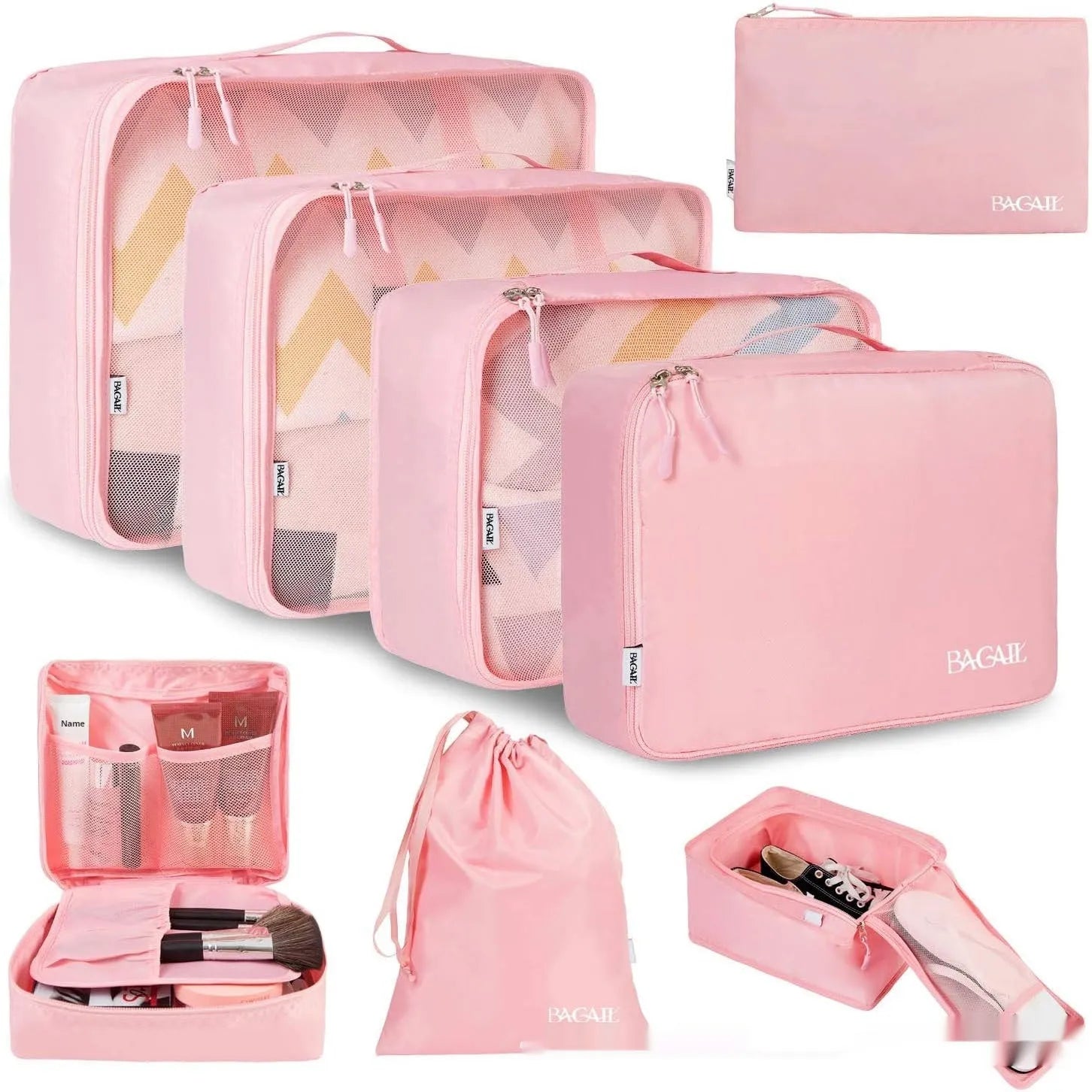 Set of eight PP packing cubes in various colours including beige, black, pink, and leopard print for travel organisation.