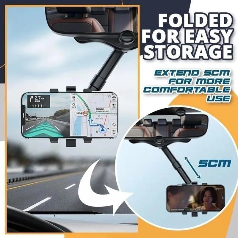 Black rearview mirror phone holder for car showing 360° rotation and retractable arm