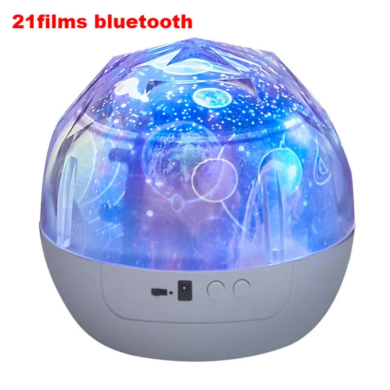 Bluetooth star projector showing cosmic light projection with plastic shade and push-button controls