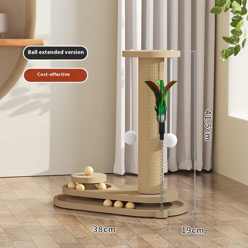 Solid wood cat turntable scratching post with climbing frame in natural timber construction