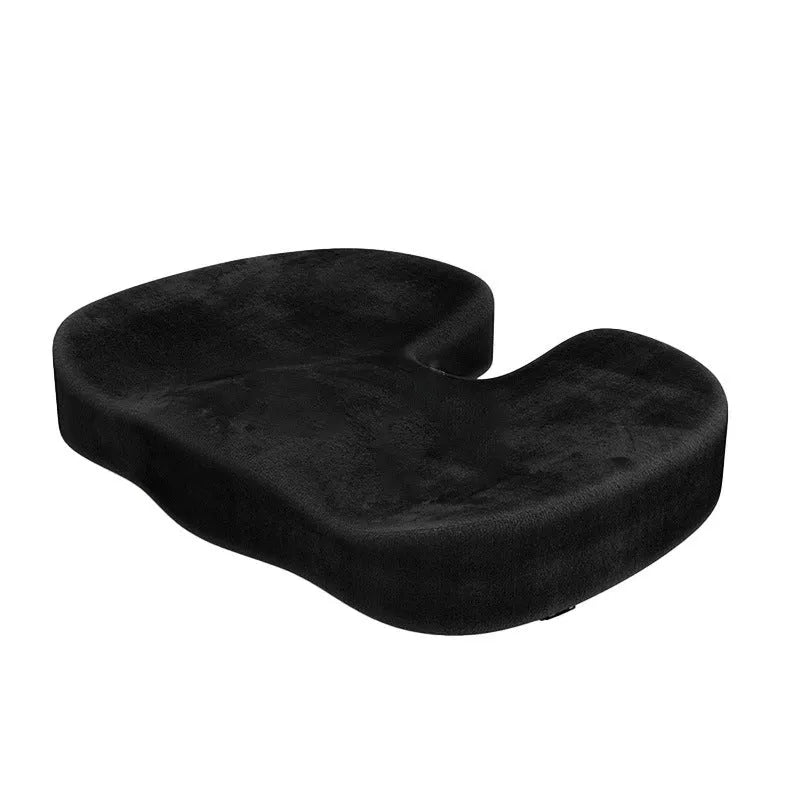 Black U-shaped memory foam seat cushion with flannel cover, shown on an office chair.