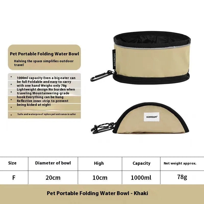 Folding pet water bowl in khaki colour with 1000ml capacity made from nylon waterproof cloth