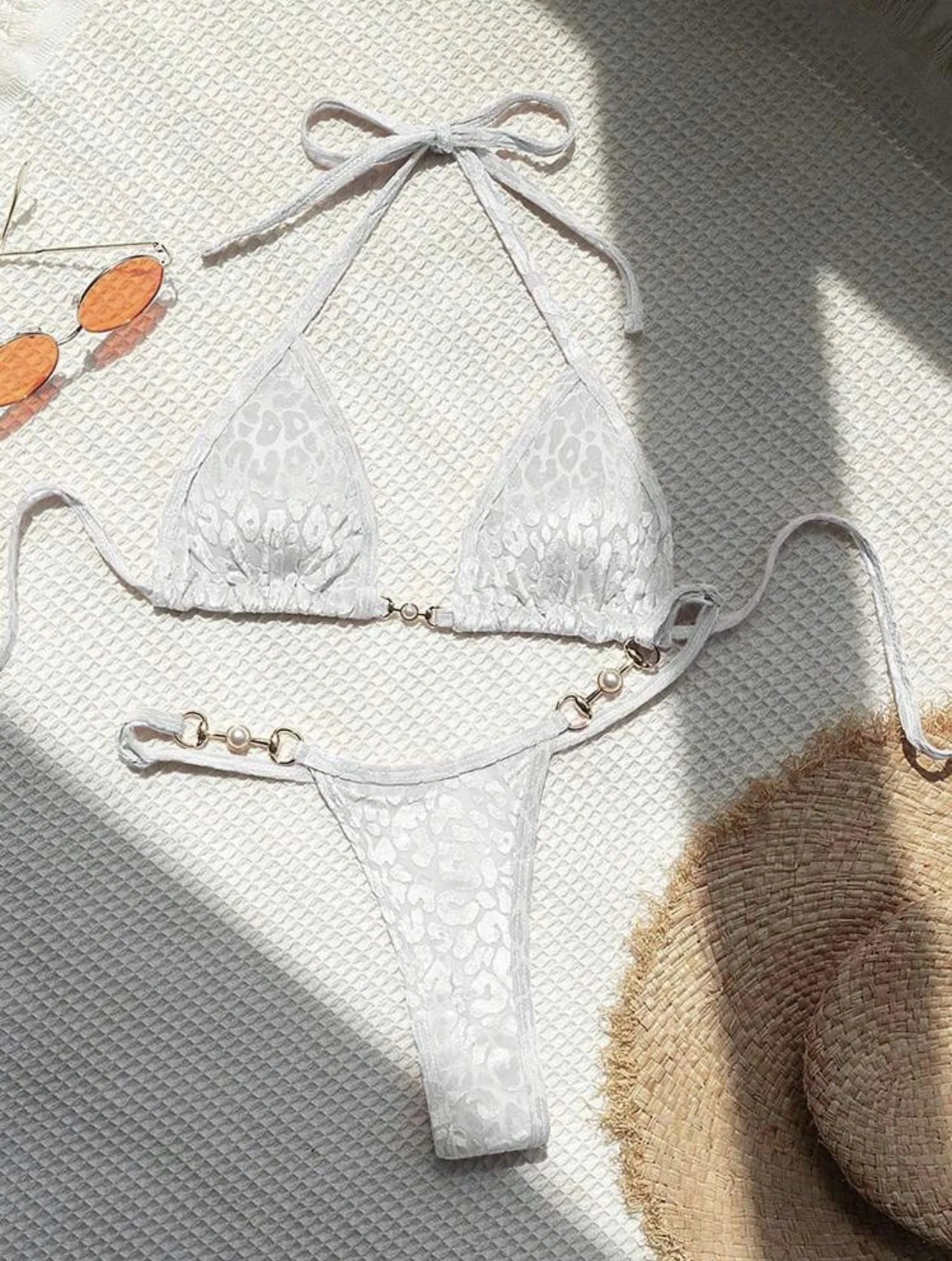 Women's leopard print bikini set with T-back design in multiple colour variations