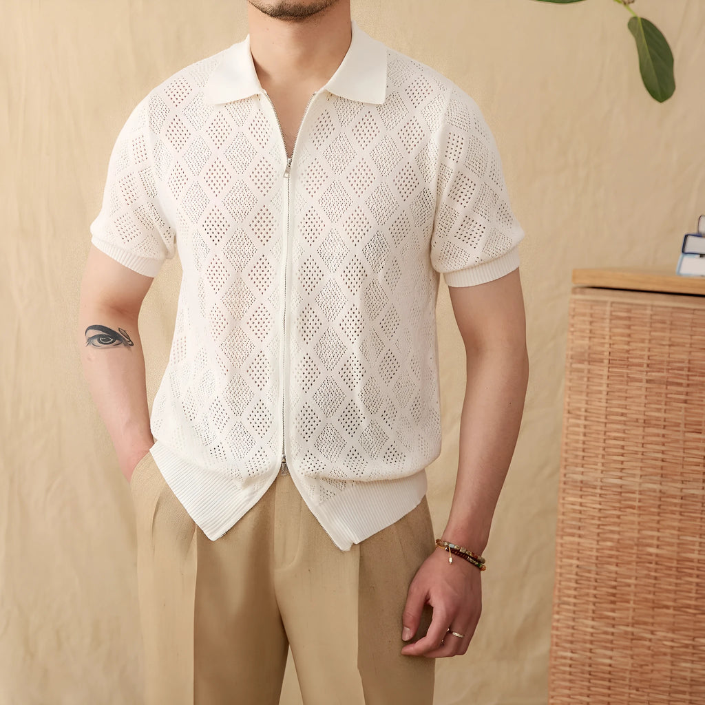 Light coffee coloured zip-front cardigan with short sleeves and a lapel collar laid flat.