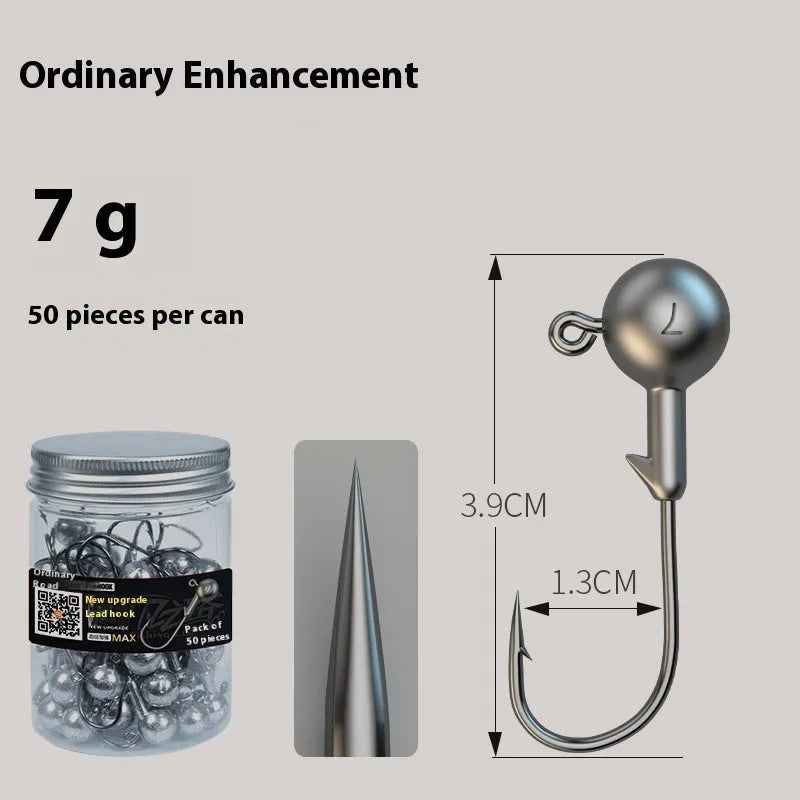 Set of 50 enhanced jig fishing hooks with 4-times strengthened steel construction in primary colours