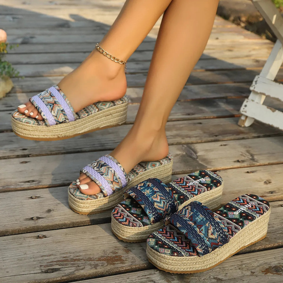Rope bottom sponge cake slippers for women plus size in navy blue with cloth upper and rubber sole
