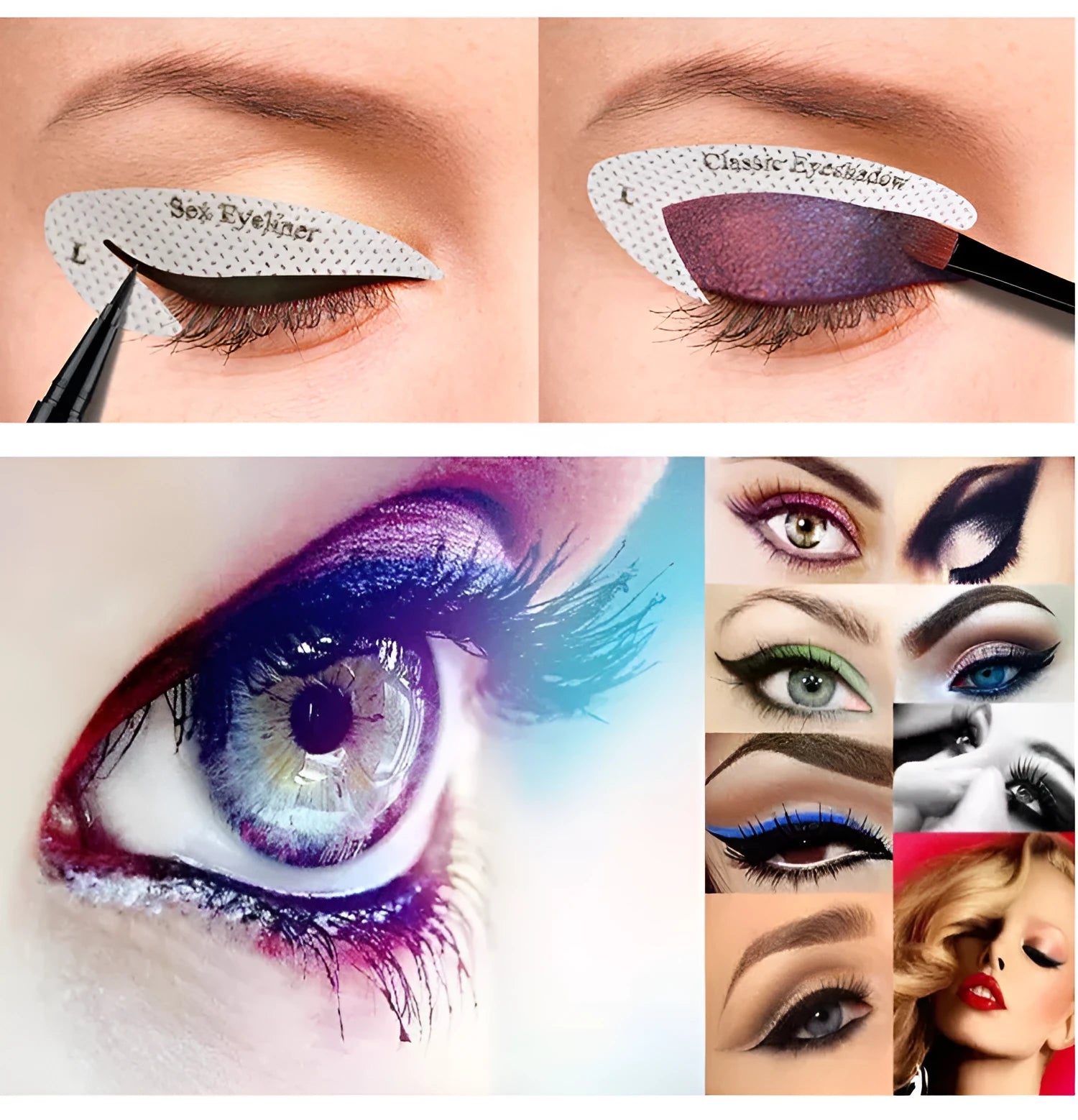 Reusable eyeliner makeup sticker templates showing four different eyeliner guide designs