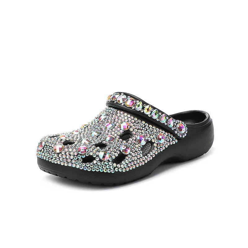 Black women's platform sandals with rhinestone hole design on the EVA upper.