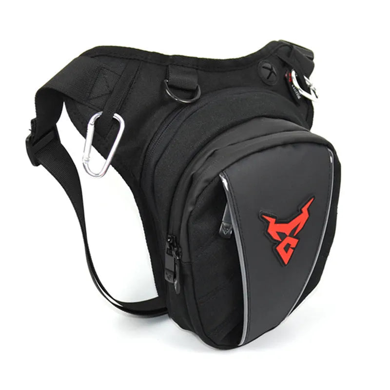 0105MC motorcycle leg bag in red, made from 1200D Oxford cloth, showing crossbody strap and 29cm size.