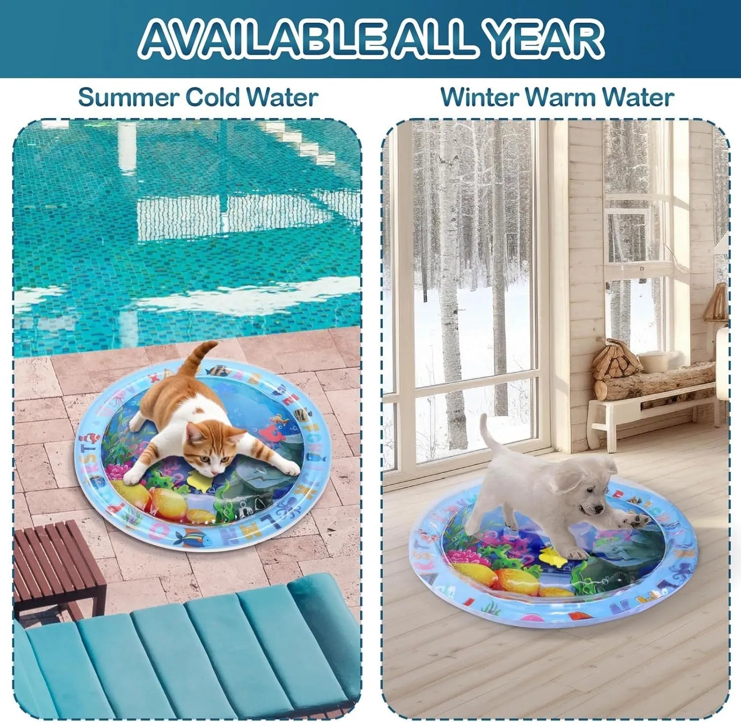Thickened PVC water playmat for cats with ocean fish design and floating toys on a blue surface.