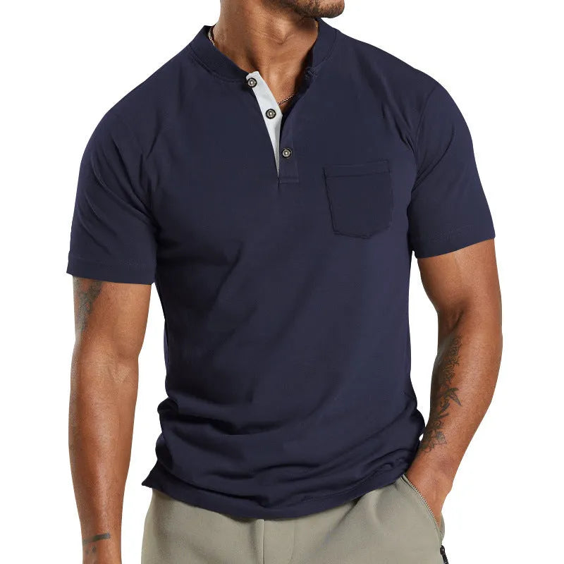 Plus size men's short sleeve button shirt with chest pocket in solid colour polyester fabric