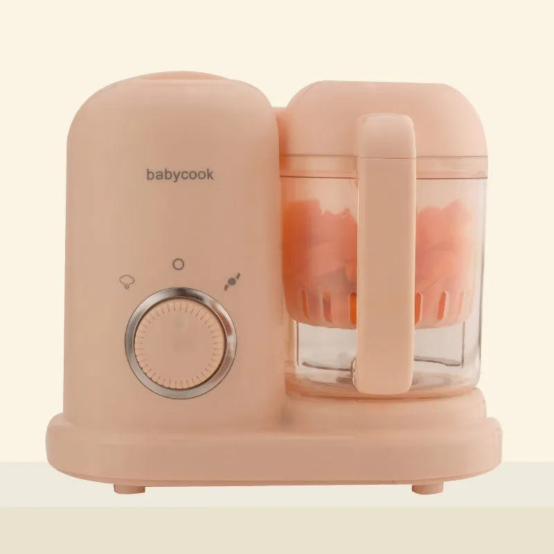 Baby food processor with steamer and blender functions in green or pink, showing dual mixing blades