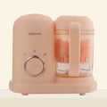 Baby food processor with steamer and blender functions in green or pink, showing dual mixing blades