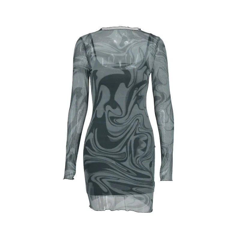 Women black mesh halter print bodycon dress two-piece set with long sleeves