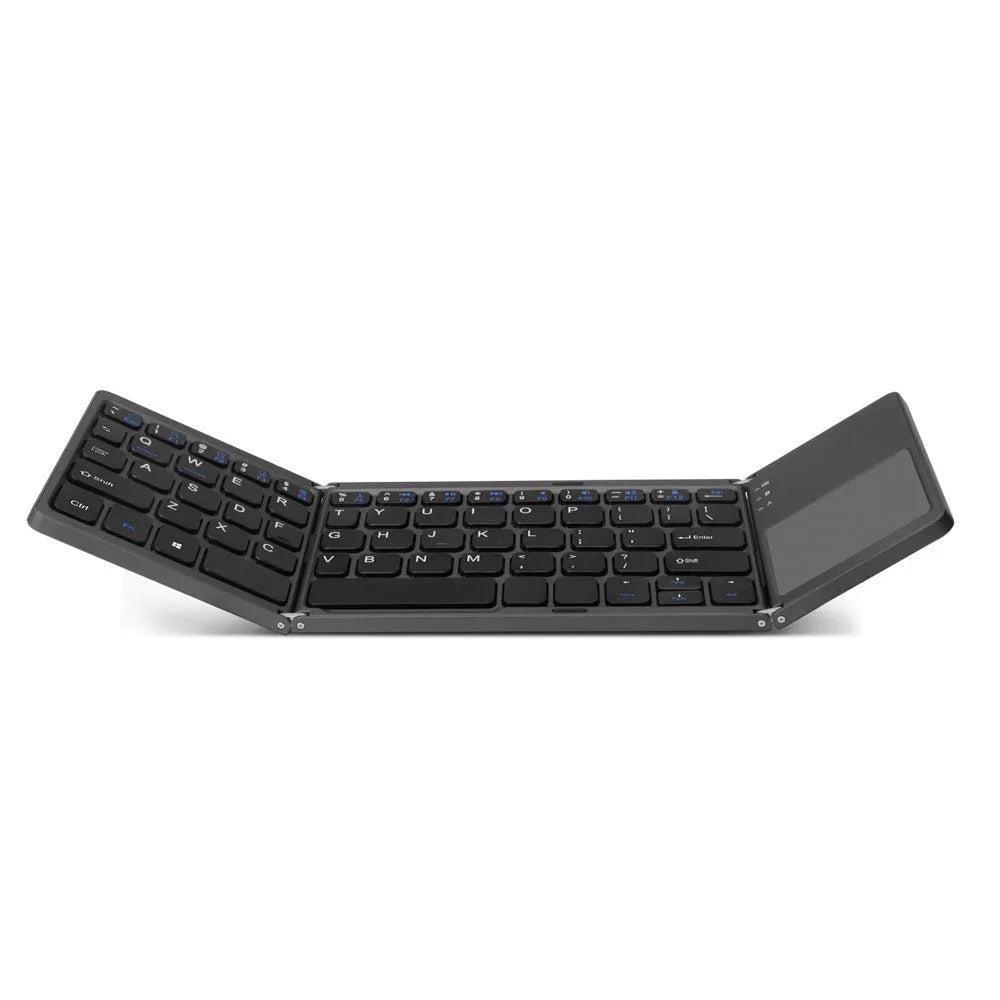 Tri-fold folding Bluetooth keyboard shown in both unfolded typing position and folded portable configuration