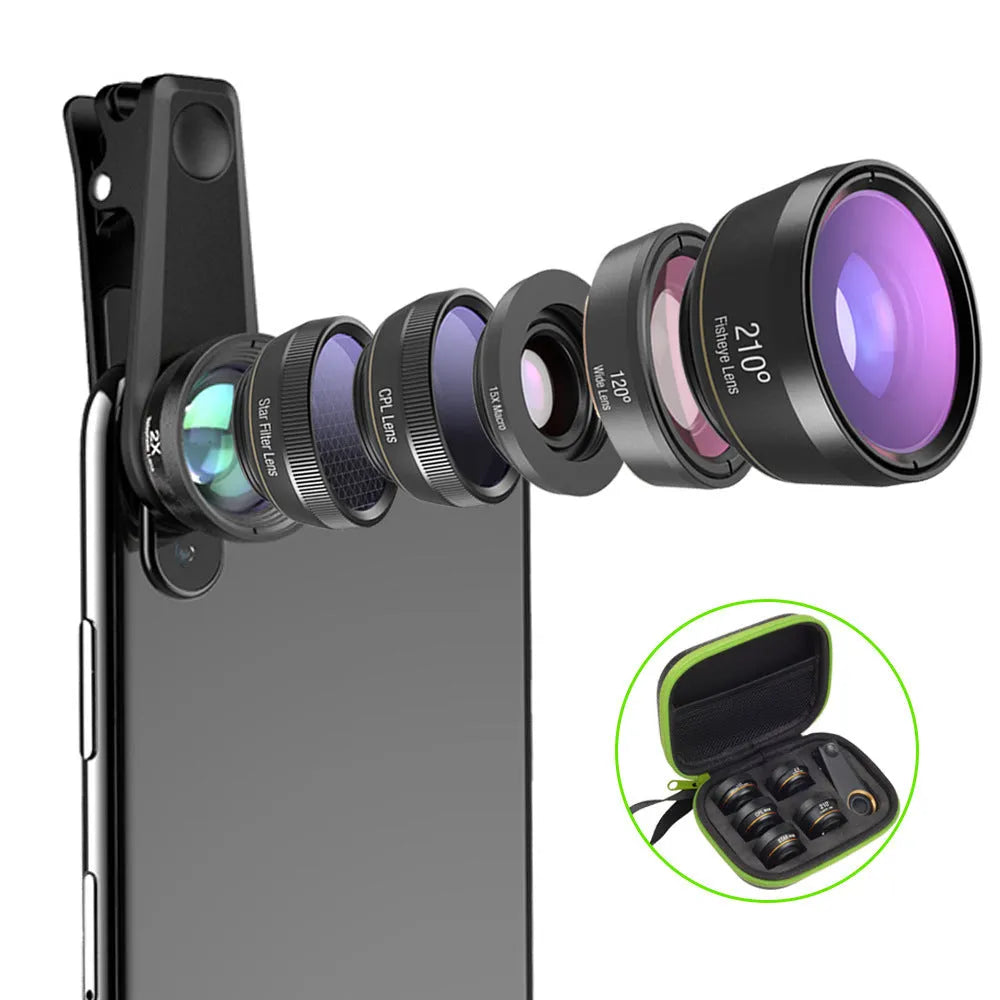 Black universal 6-in-1 mobile phone lens kit showing fisheye, macro, wide angle, telephoto, CPL and star filter lenses with clip.