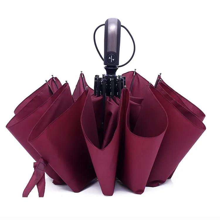 Automatic triple folding business umbrella with steel ribs and rubber handle in black colour