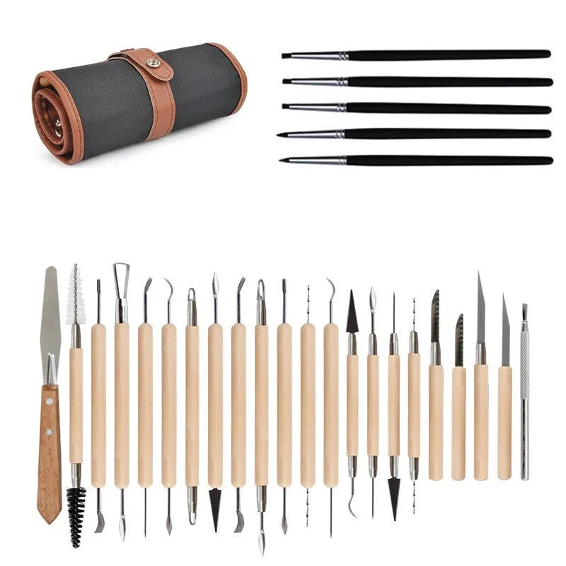27-piece pottery clay tool set with wood, stainless steel, and plastic sculpting tools in OPP bag