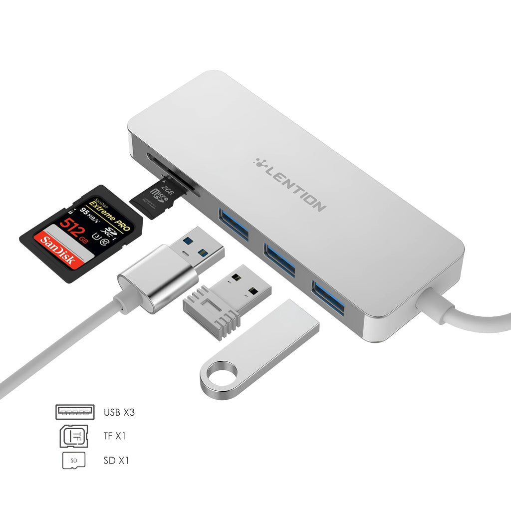 USB 3.0 hub card reader with three ports SD and TF slots in dark grey