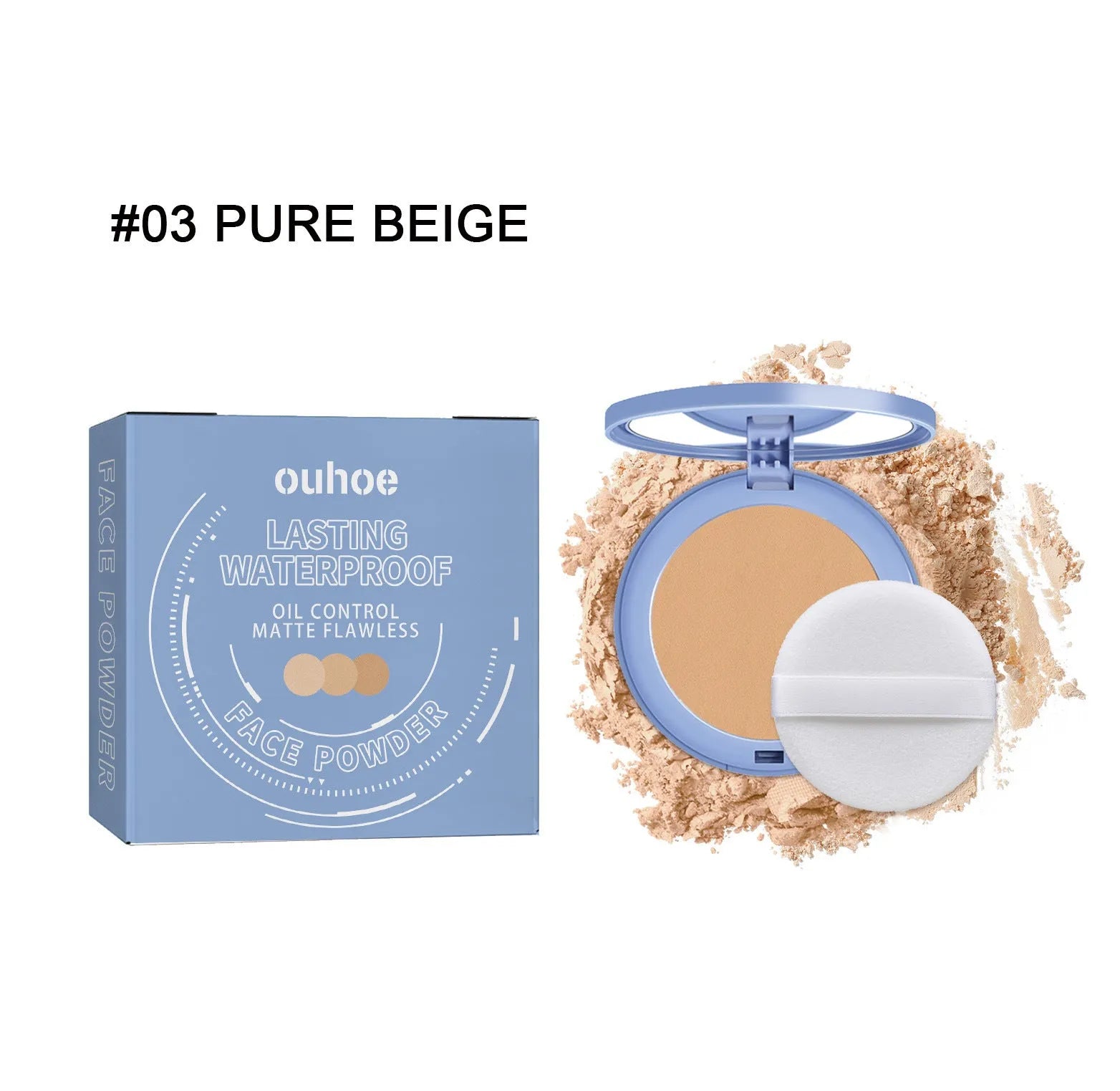 8g finishing powder makeup with powder fan applicator in natural beige, pure beige and classic ivory shades