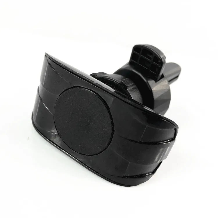 Black car phone holder attached to car air vent with adjustable arms holding mobile device