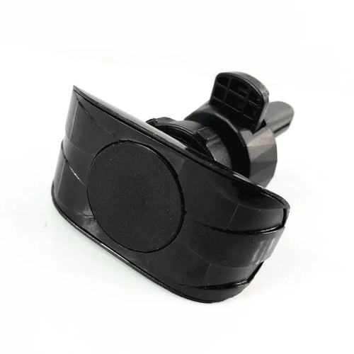 Black car phone holder attached to car air vent with adjustable arms holding mobile device