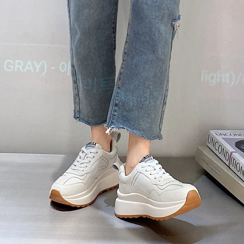 Women's beige cowhide leather casual sports shoes with mesh lining and English muffin heel