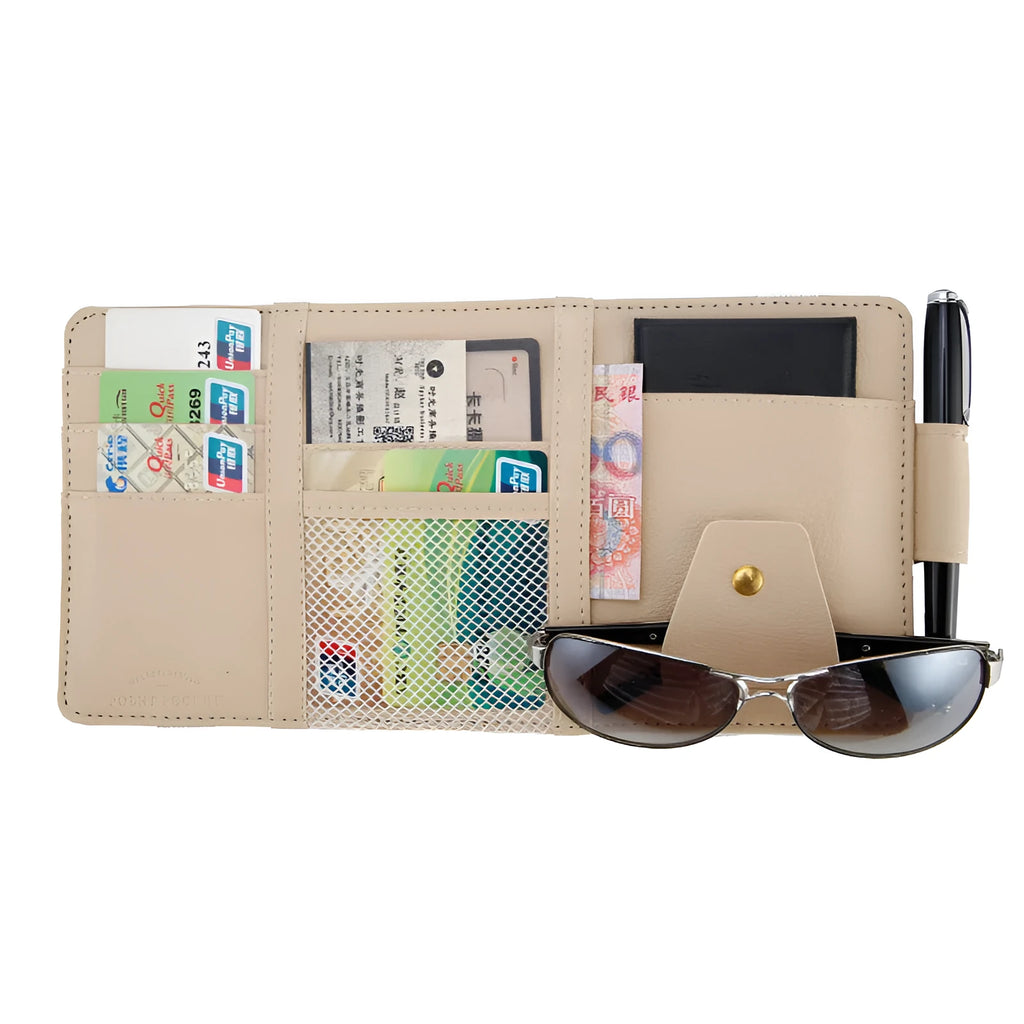 Car sun visor clip in PU leather measuring 30x14cm, shown in black, with multiple storage slots