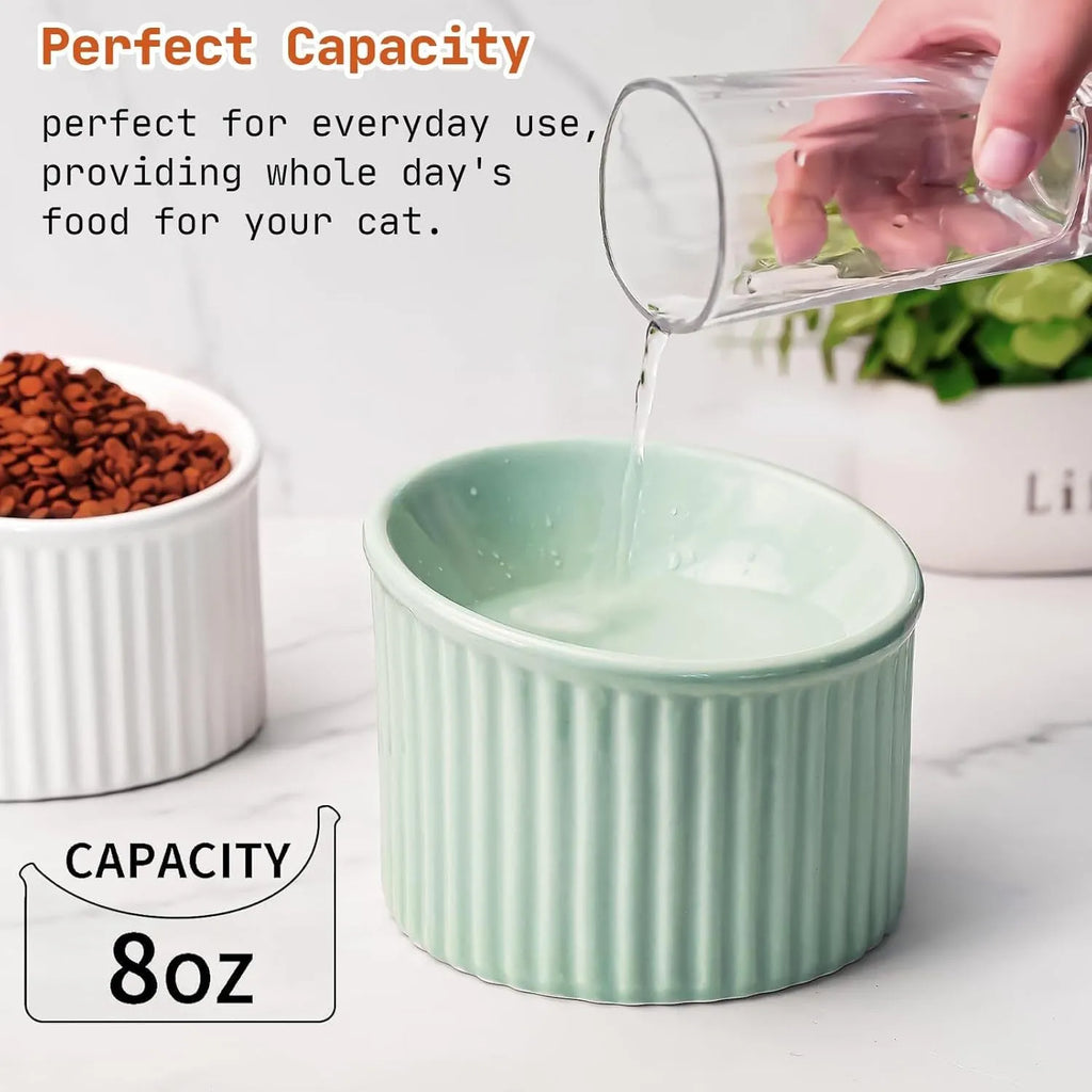 Dark green elevated ceramic cat bowl on a wooden floor, showing its raised height and round, whisker-friendly shape.