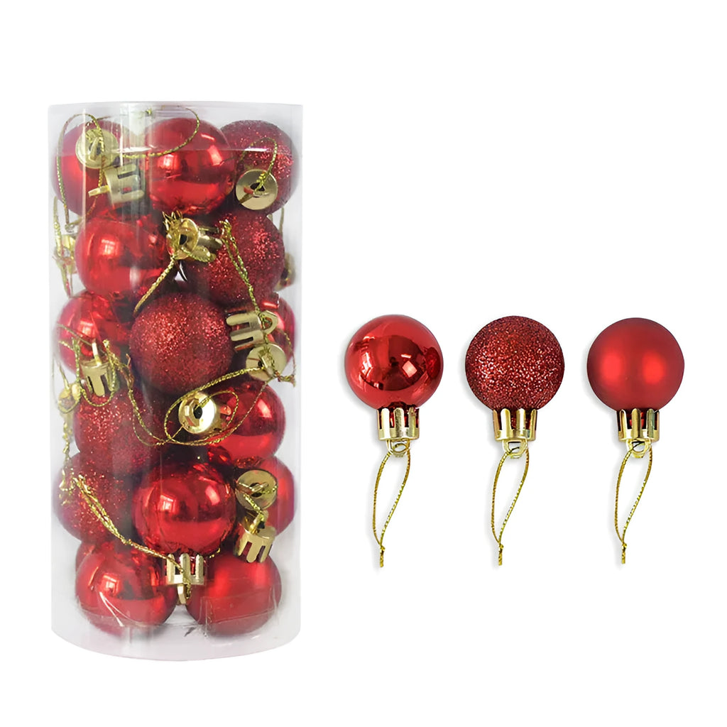 3 cm shiny matte finish Christmas tree bauble ornament in assorted colours including red, gold, and silver.