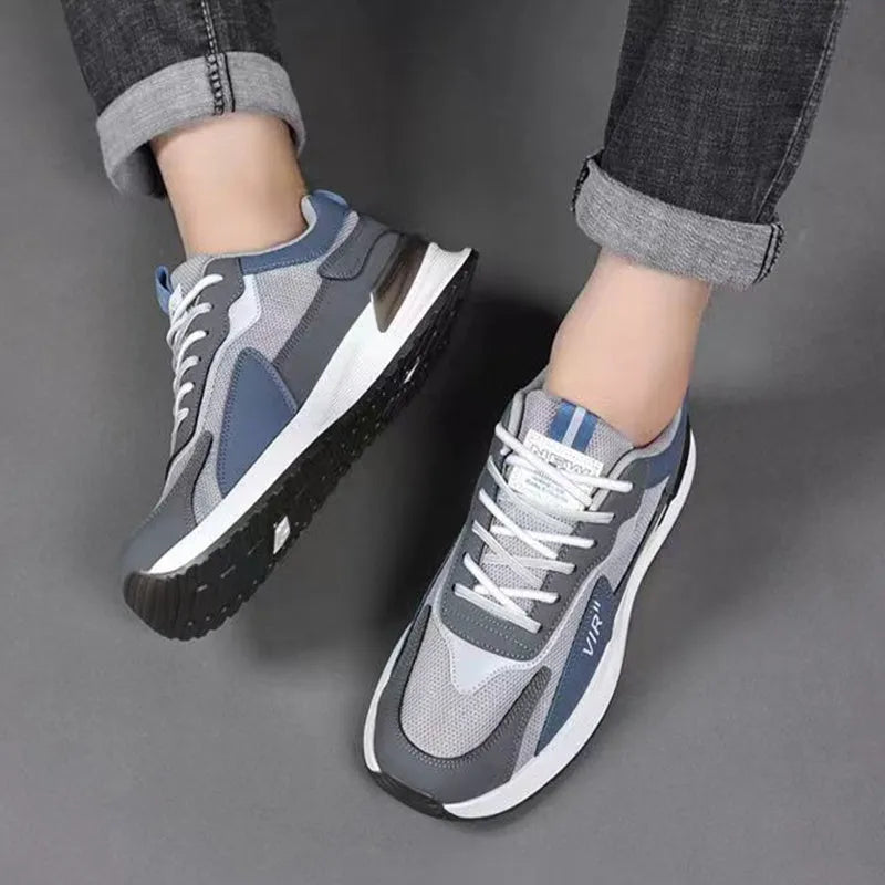 Men's colour block mesh lace-up sneakers in grey on a white background