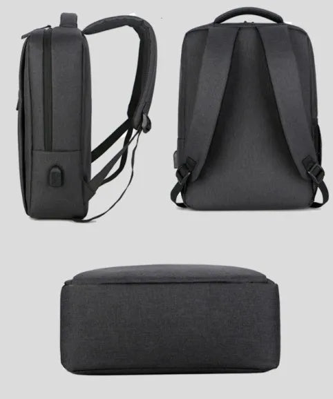Black waterproof Oxford cloth laptop backpack with shoulder straps and built-in rechargeable power bank.
