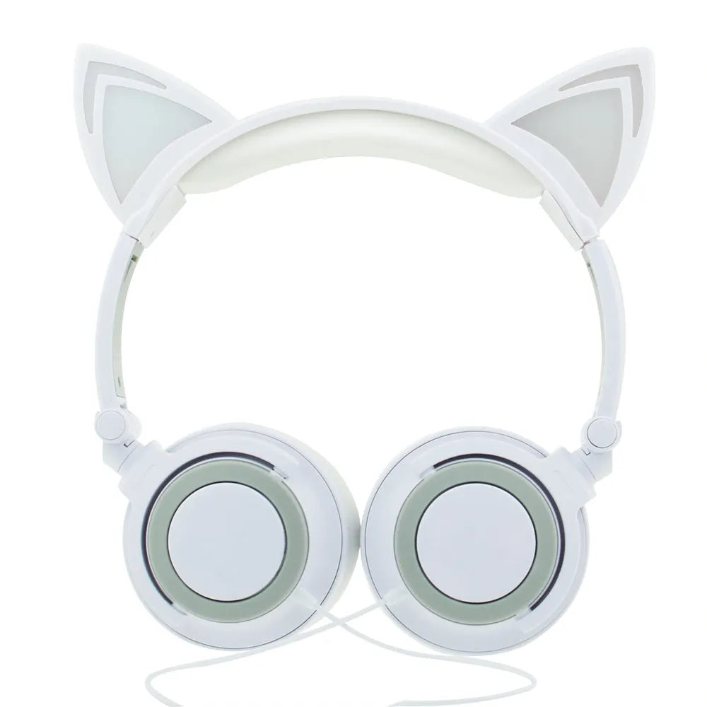 Colourful cat ear headphones with illuminated LED lights on the ears and ear cushions